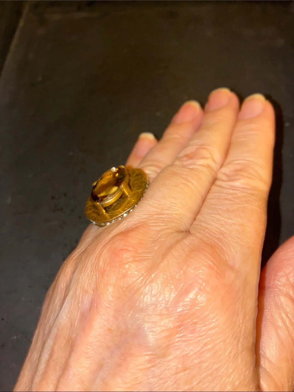 Gold-Tone Stretch Ring with Amber Brown Stone